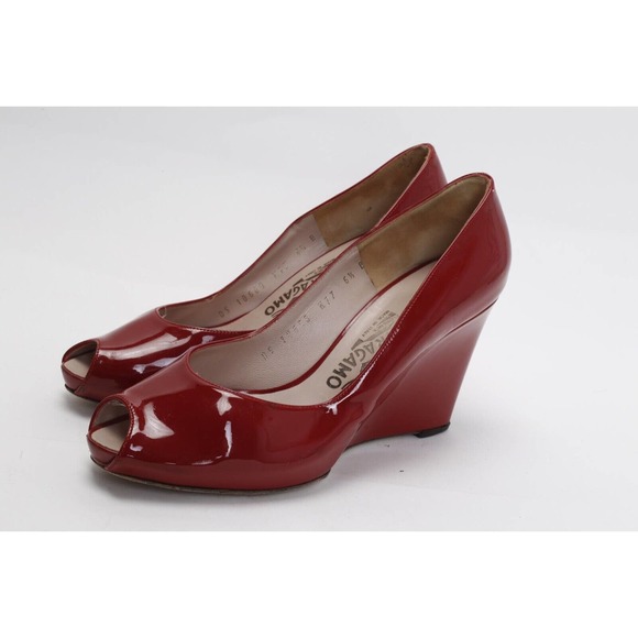 Salvatore Ferragamo Burgundy Patent Leather Peep Toe Wedge Pumps 6.5 B (fits 7) - Picture 2 of 11